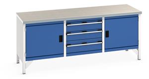 Bott Bench 2000Wx750Dx840mmH - 2 Cupboards,3 Drwrs & LinoTop 2000mm Wide Storage Benches 41002057.11v Gentian Blue (RAL5010) 41002057.24v Crimson Red (RAL3004) 41002057.19v Dark Grey (RAL7016) 41002057.16v Light Grey (RAL7035) 41002057.RAL Bespoke colour £ extra will be quoted